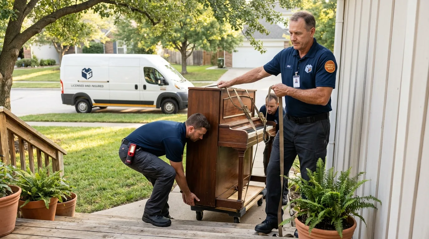 Licensed piano movers securing grand piano in Lorain, OH