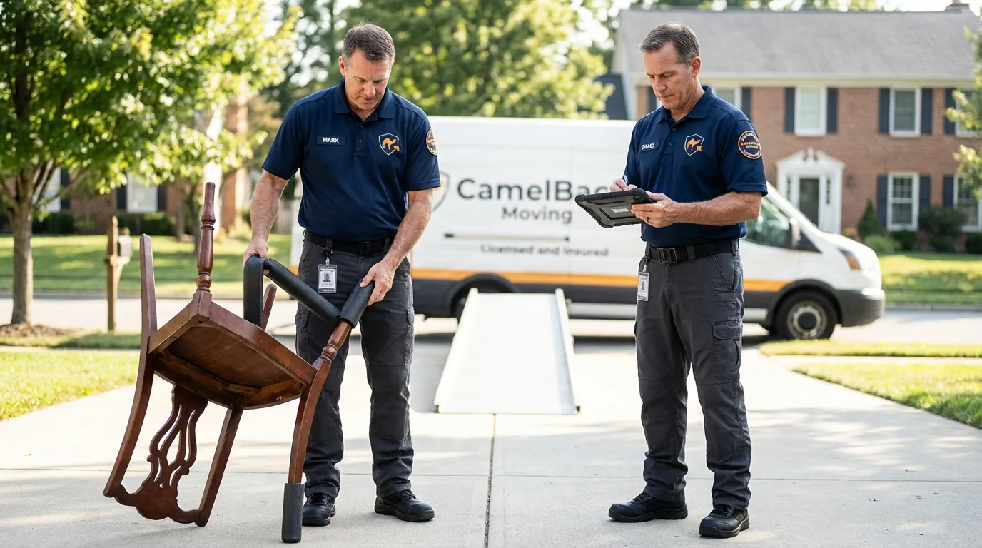Movers inspecting furniture for damage prevention before loading in Lorain, OH